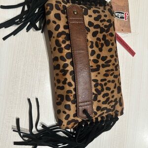 Justin Boots Leather & Fringe Animal Print Clutch w/Crossbody strap